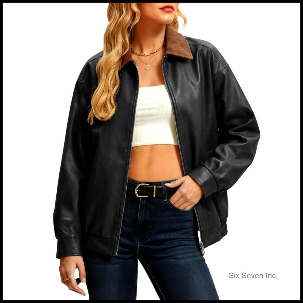 Oversized Faux Leather Bomber Jacket Motorcycle Style Y2K Retro Chic